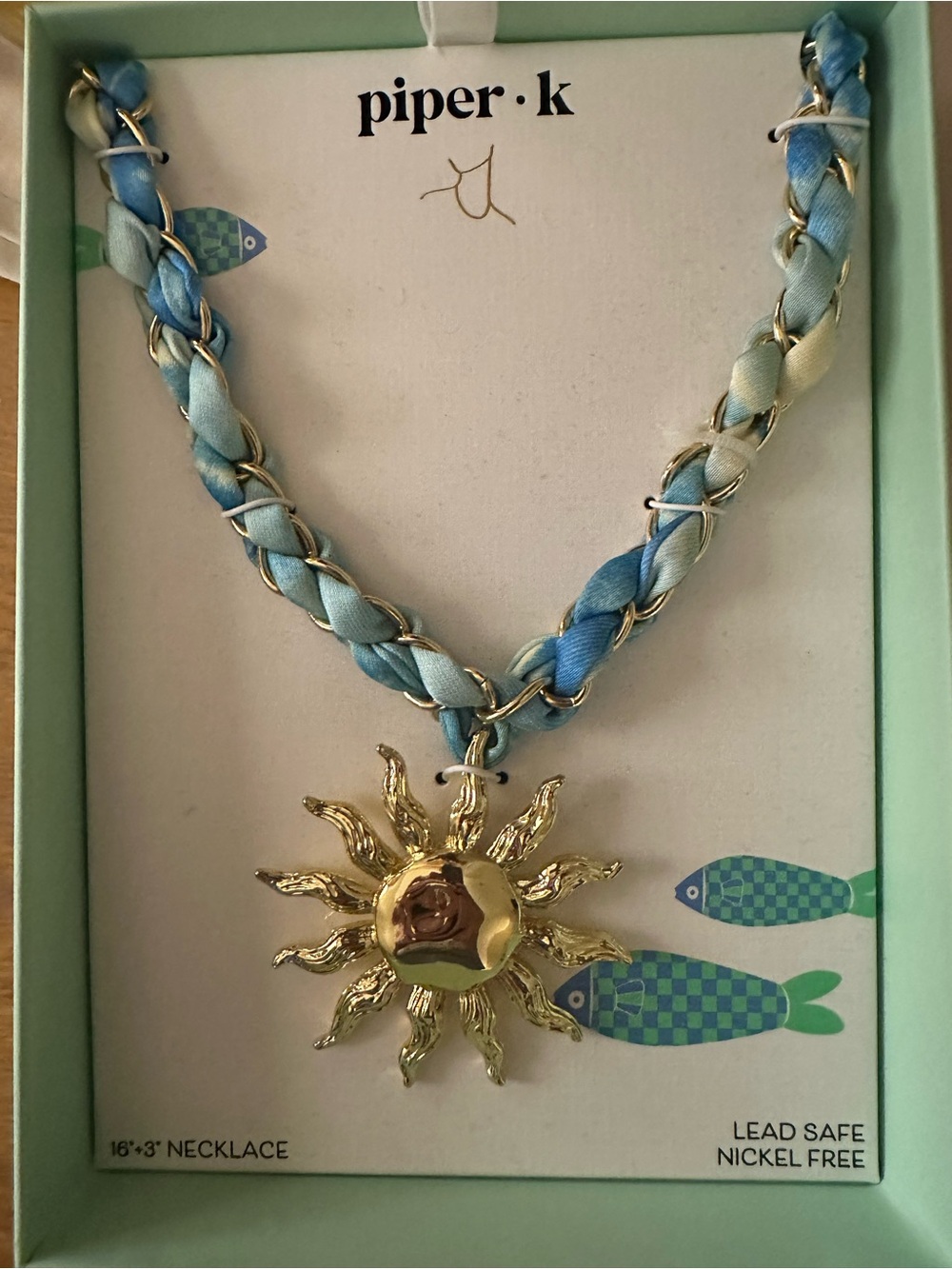 Viral Tik Tok Piper K Gold Sun Pendant Necklace w Blue Silk Scarf Chain NIB